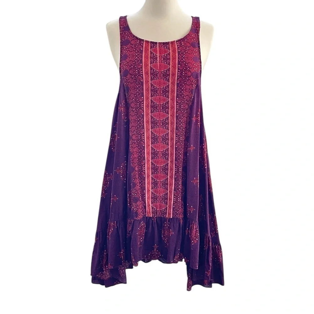 Free People Annka Border Slip Dress Asymmetrical Purple and Pink High-Lo Size M